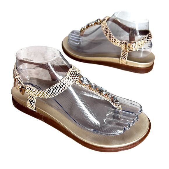 Vionic Shoes Womens 6.5 Gold Textured Leather Footbed Sandals Rhinestones - Picture 2 of 9